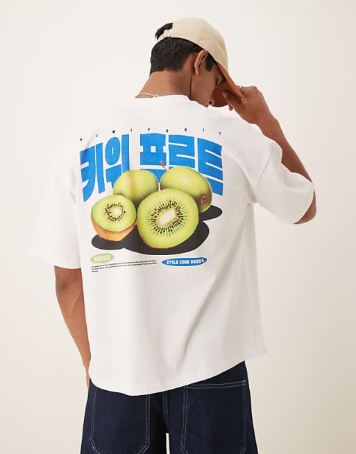 asos ASOS DESIGN oversized 220gsm t-shirt with kiwi back print in white