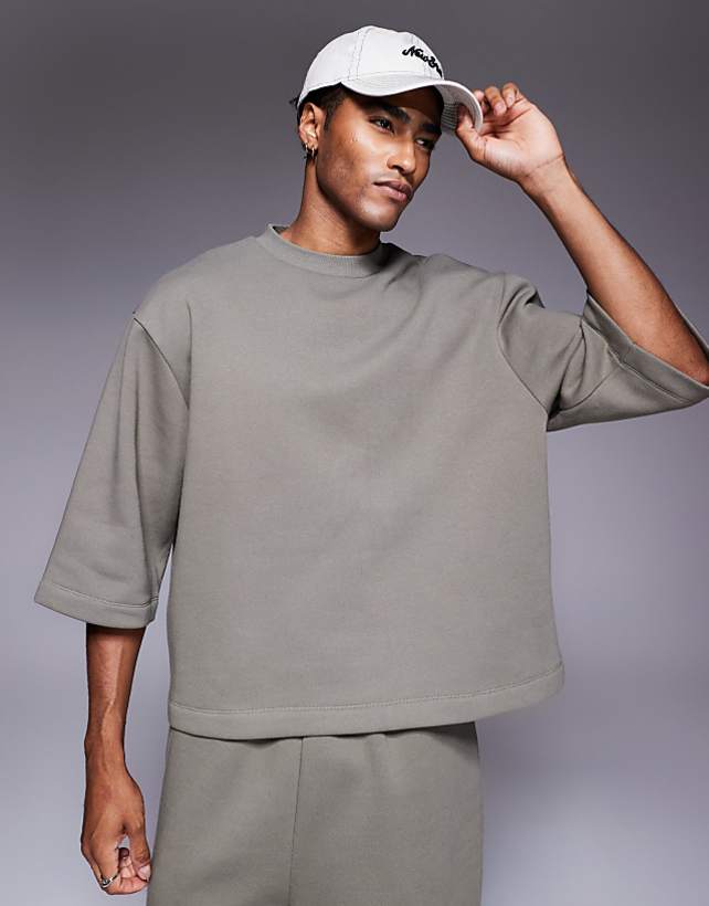 asos ASOS DESIGN oversized 3/4 sleeve sweatshirt in khaki