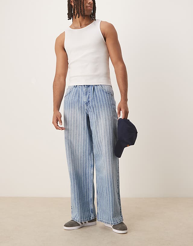 asos ASOS DESIGN oversized baggy striped jeans with pleats in light wash blue