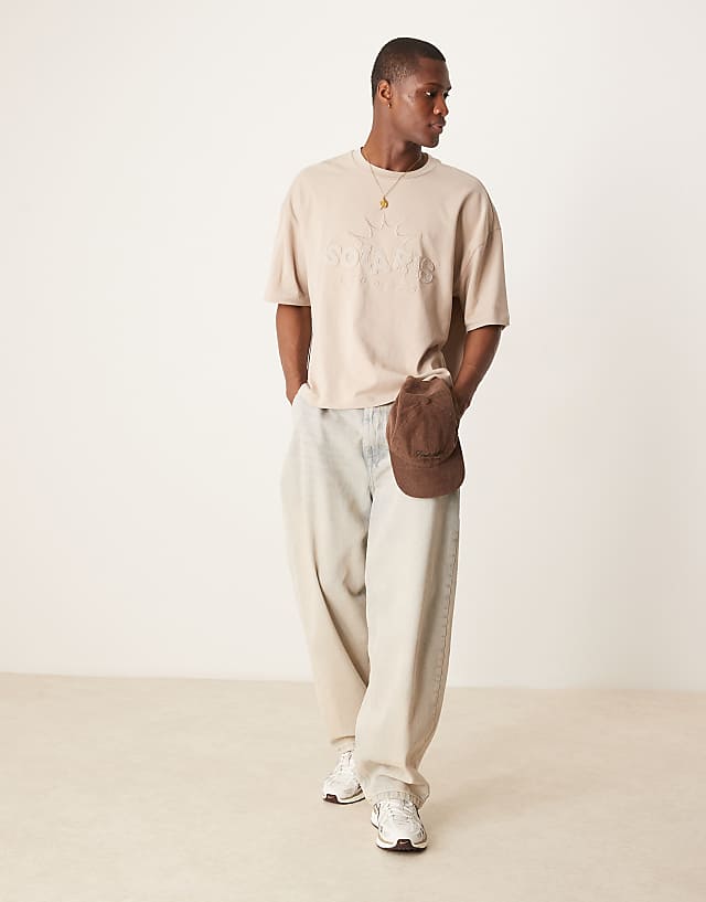 Asos ASOS DESIGN Oversized Boxy 240gsm Heavweight T-shirt In With Applique Chest Print In Beige