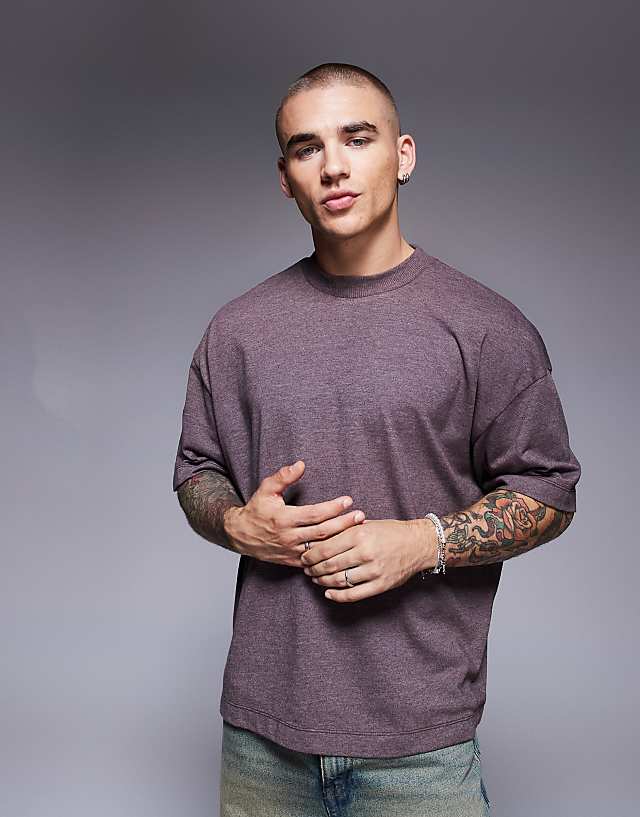 asos ASOS DESIGN oversized boxy drop shoulder t-shirt overdyed in burgundy marl