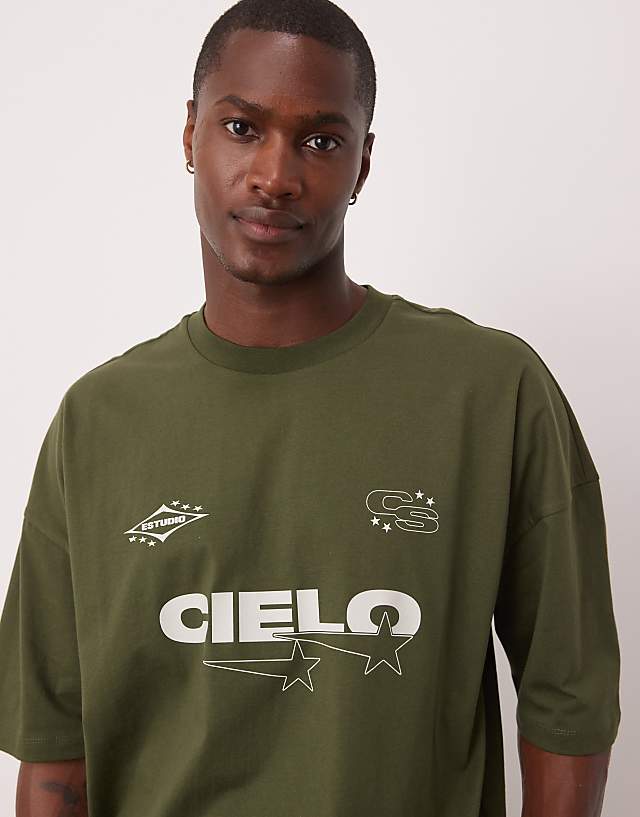 Asos ASOS DESIGN Oversized Boxy Dropped Shoulder T-shirt With Print Detail In Khaki