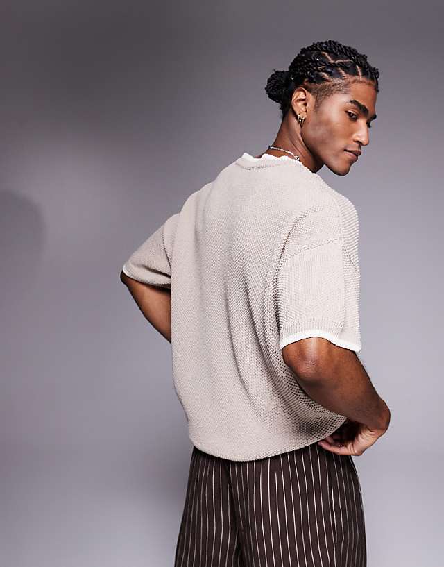 Asos ASOS DESIGN Oversized Boxy Fit Knitted Pique Crew Neck T-shirt In Stone