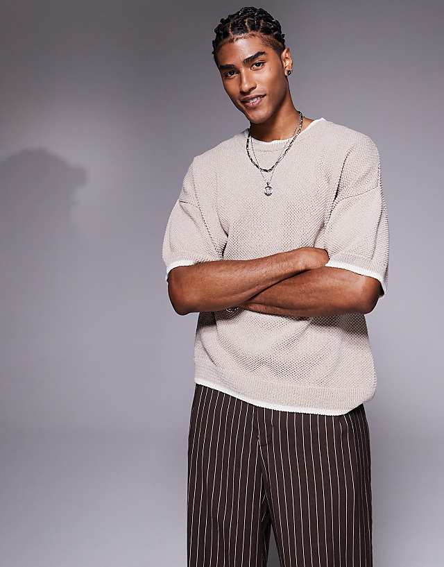 asos ASOS DESIGN oversized boxy fit knitted pique crew neck t-shirt in stone