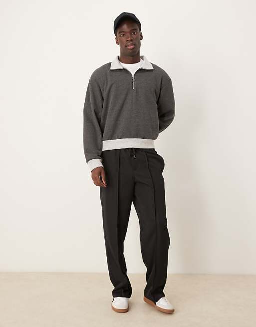 Asos ASOS DESIGN Oversized Boxy Funnel Neck Half Zip Sweatshirt With Contrast Hems In Charcoal