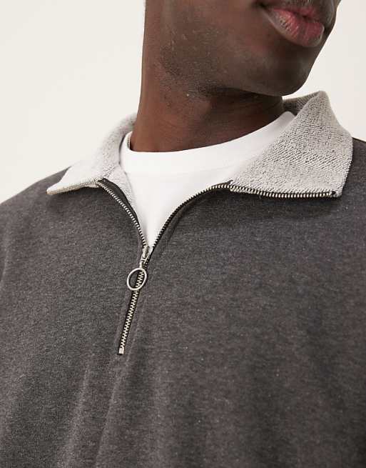 Asos ASOS DESIGN Oversized Boxy Funnel Neck Half Zip Sweatshirt With Contrast Hems In Charcoal