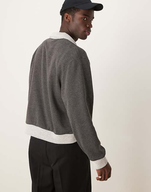Asos ASOS DESIGN Oversized Boxy Funnel Neck Half Zip Sweatshirt With Contrast Hems In Charcoal