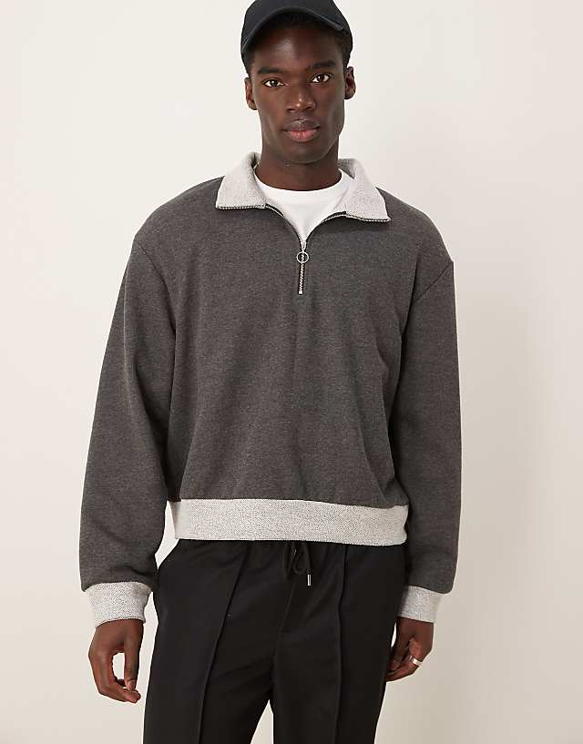 asos ASOS DESIGN oversized boxy funnel neck half zip sweatshirt with contrast hems in charcoal