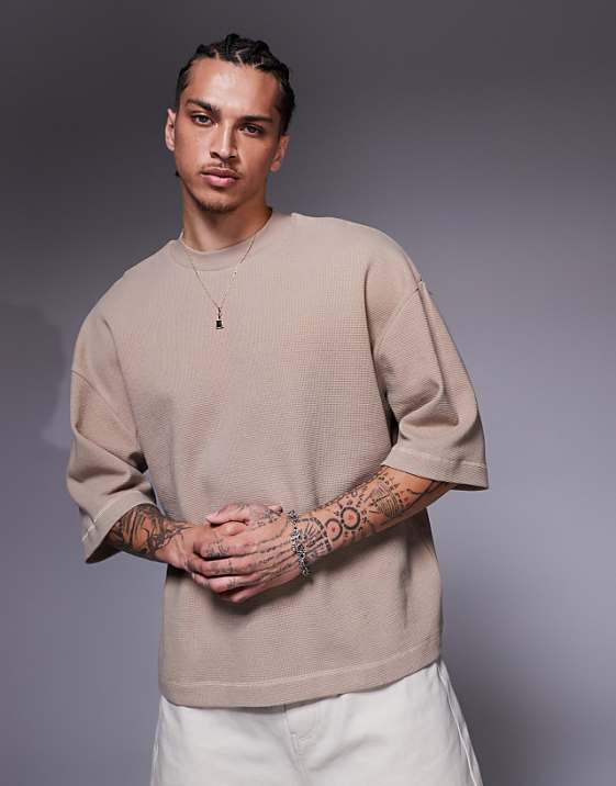 asos ASOS DESIGN oversized boxy half sleeve waffle t-shirt in brown