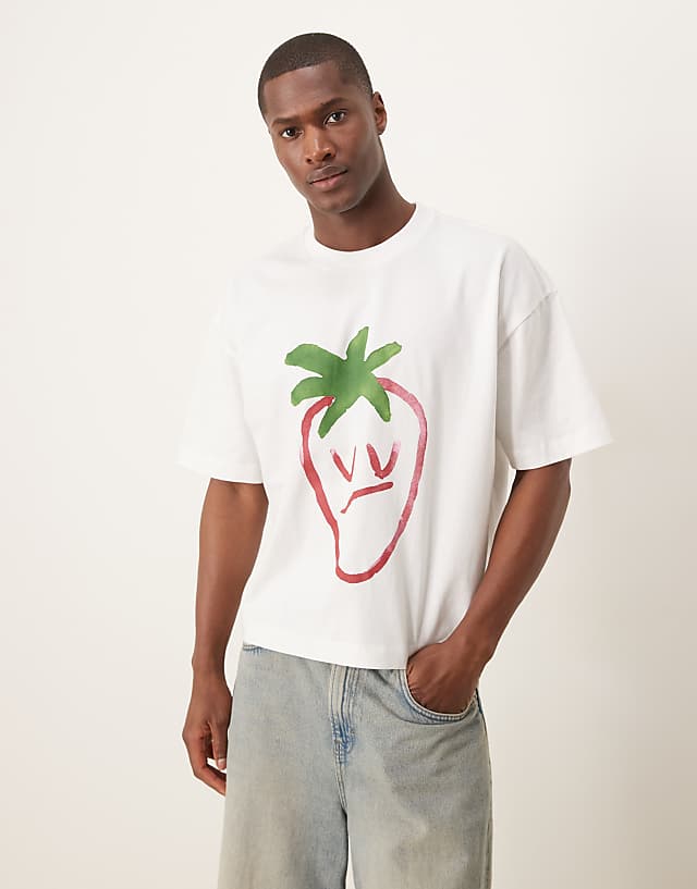 asos ASOS DESIGN oversized boxy heavyweight 240gsm t-shirt with strawberry print in white