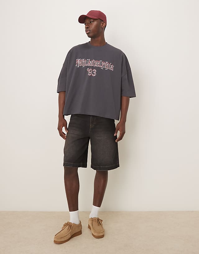 Asos ASOS DESIGN Oversized Boxy Heavyweight 240gsm T-shirt With Sports Print In Charcoal