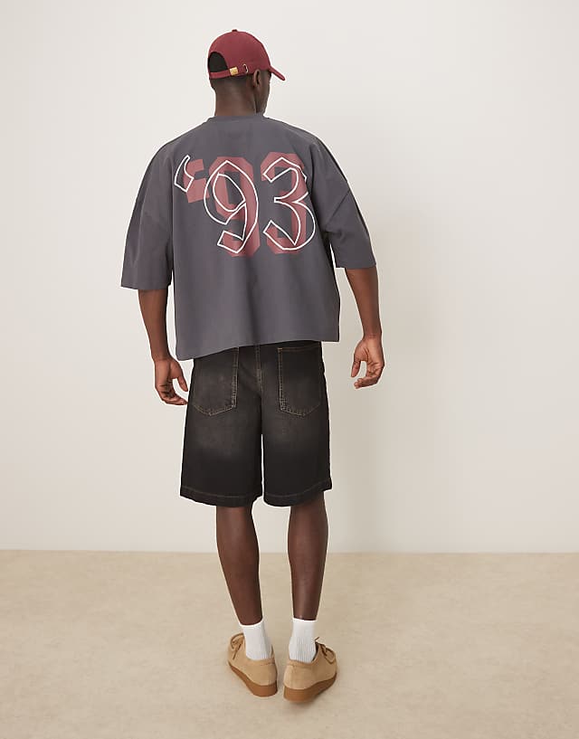 Asos ASOS DESIGN Oversized Boxy Heavyweight 240gsm T-shirt With Sports Print In Charcoal