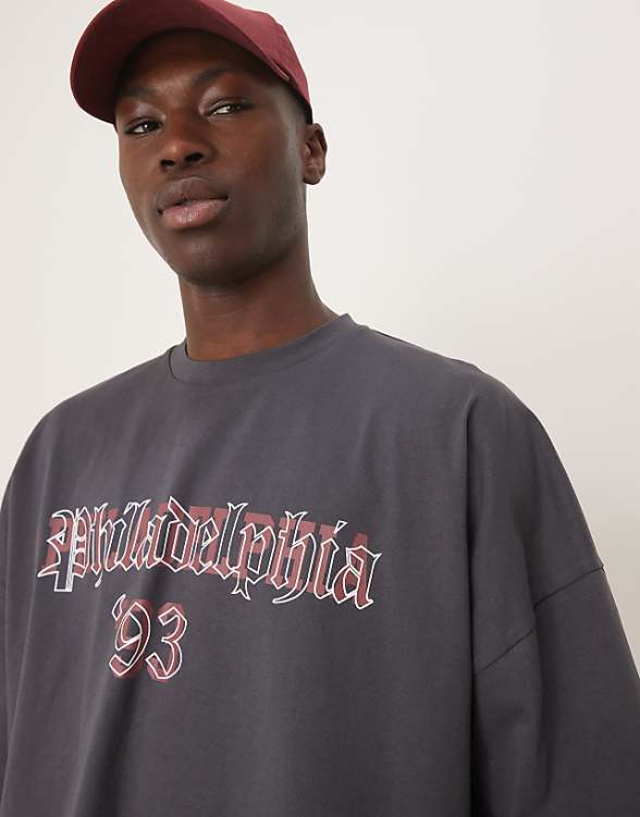 asos ASOS DESIGN oversized boxy heavyweight 240gsm t-shirt with sports print in charcoal