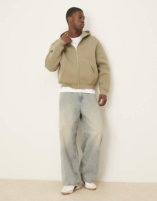 Asos ASOS DESIGN Oversized Boxy Heavyweight Scuba Zip Through Hoodie In Khaki