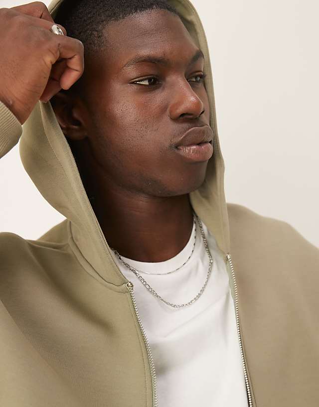Asos ASOS DESIGN Oversized Boxy Heavyweight Scuba Zip Through Hoodie In Khaki