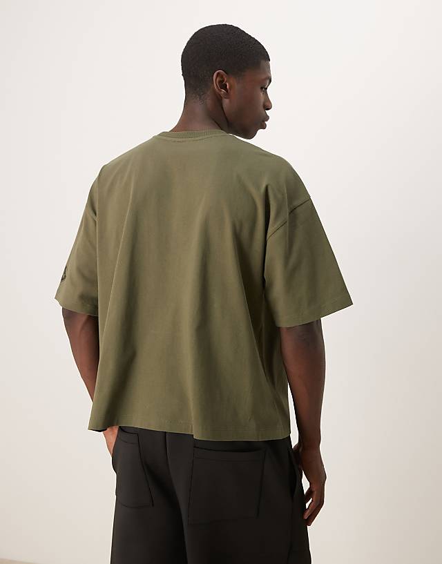 Asos ASOS DESIGN Oversized Boxy Heavyweight T-shirt With Chest Print And Seam Detail In Khaki