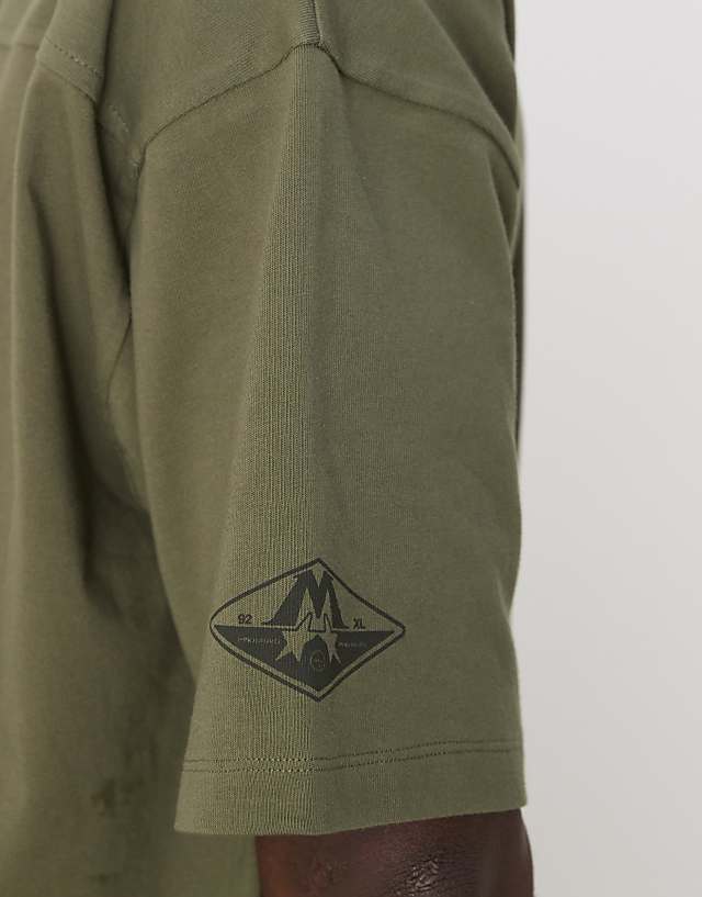 Asos ASOS DESIGN Oversized Boxy Heavyweight T-shirt With Chest Print And Seam Detail In Khaki