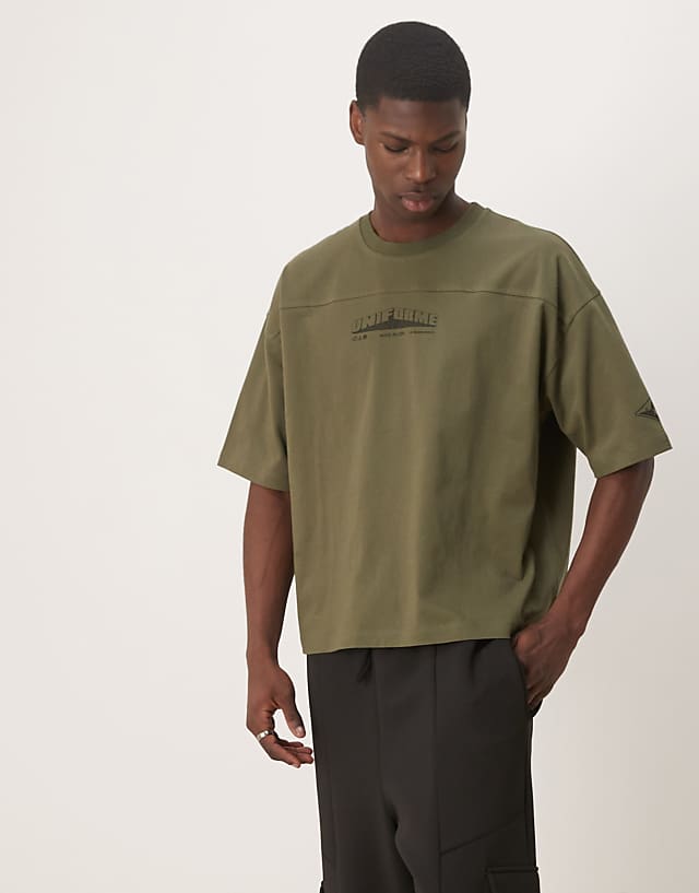 asos ASOS DESIGN oversized boxy heavyweight t-shirt with chest print and seam detail in khaki