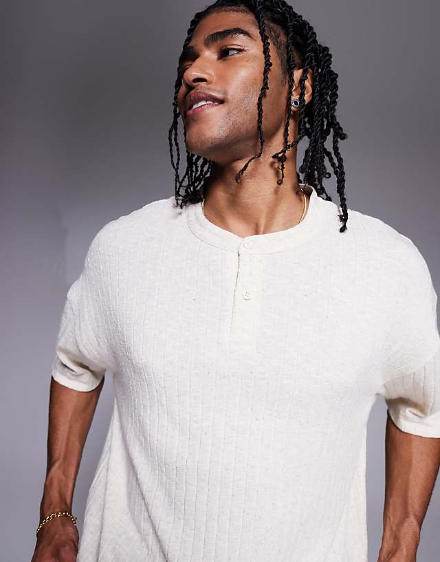 Asos ASOS DESIGN Oversized Boxy Henley Linen Look T-shirt In Cream