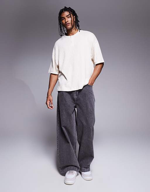 Asos ASOS DESIGN Oversized Boxy Henley Linen Look T-shirt In Cream