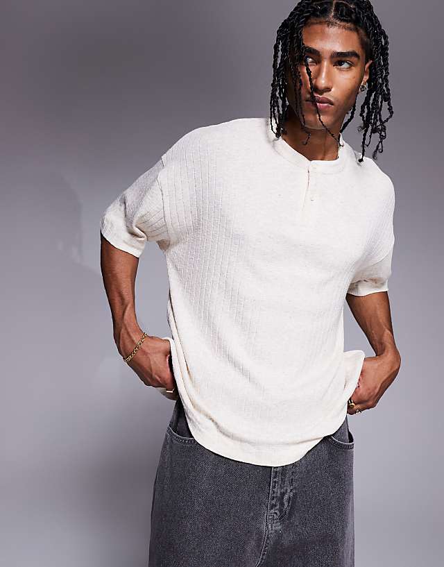 asos ASOS DESIGN oversized boxy henley linen look t-shirt in cream