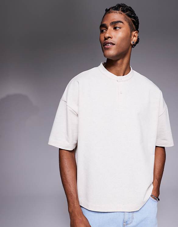 asos ASOS DESIGN oversized boxy henley t-shirt in cream