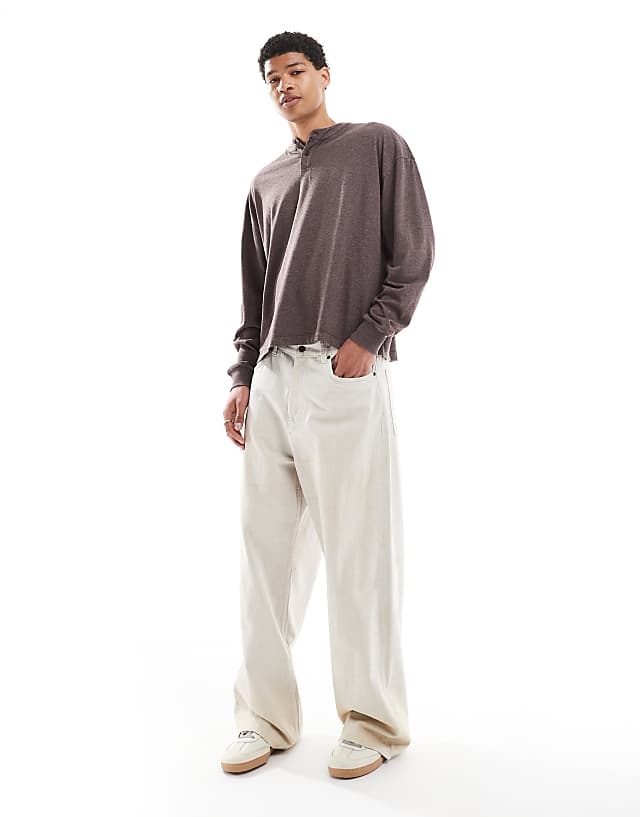 Asos ASOS DESIGN Oversized Boxy Henley T-shirt In Overdyed Brown Marl