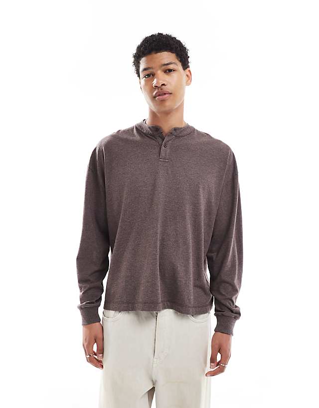 asos ASOS DESIGN oversized boxy henley t-shirt in overdyed brown marl