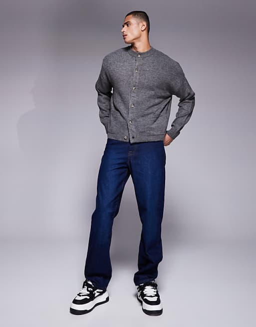 Asos ASOS DESIGN Oversized Boxy Knitted Crew Neck Cardigan With Pockets In Charcoal