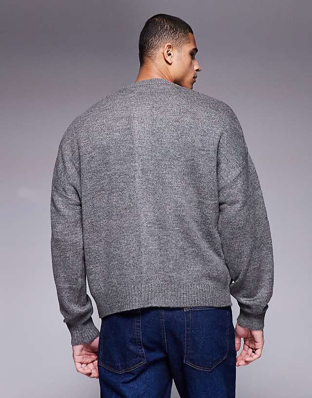Asos ASOS DESIGN Oversized Boxy Knitted Crew Neck Cardigan With Pockets In Charcoal