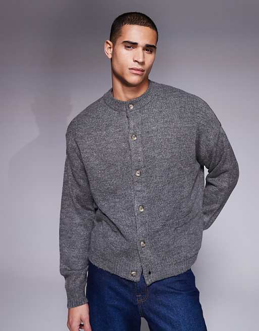 asos ASOS DESIGN oversized boxy knitted crew neck cardigan with pockets in charcoal