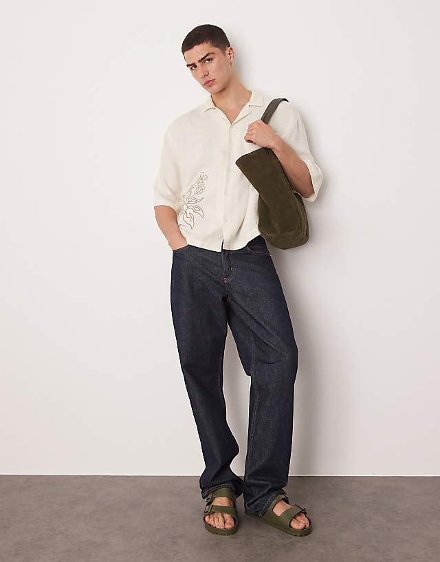 Asos ASOS DESIGN Oversized Boxy Linen Look Shirt With Embroidery In Beige