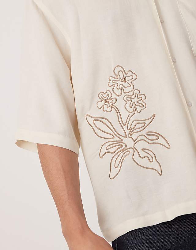 Asos ASOS DESIGN Oversized Boxy Linen Look Shirt With Embroidery In Beige