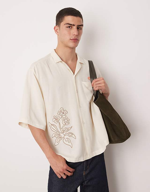 asos ASOS DESIGN oversized boxy linen look shirt with embroidery in beige