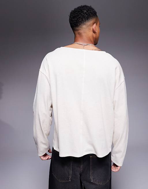 Asos ASOS DESIGN Oversized Boxy Linen Mix Open Neck T-shirt In Beige