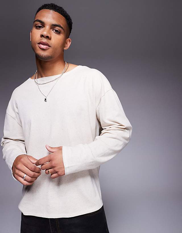 asos ASOS DESIGN oversized boxy linen mix open neck t-shirt in beige
