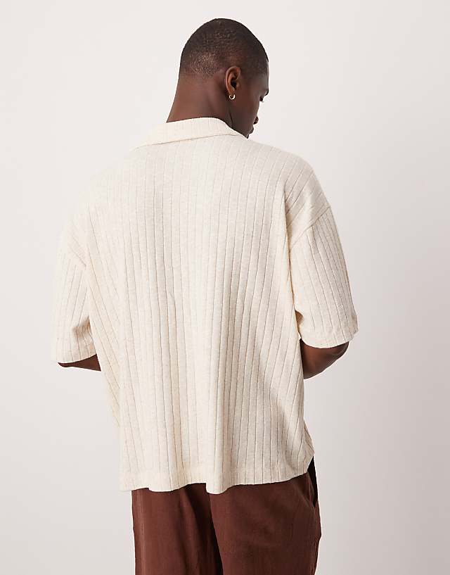 Asos ASOS DESIGN Oversized Boxy Linen Mix Rib Polo In Beige