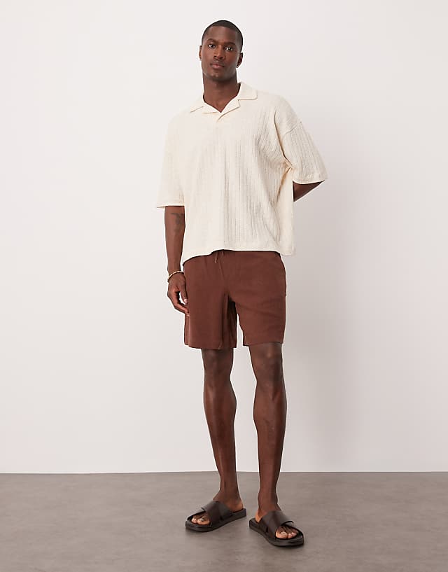 Asos ASOS DESIGN Oversized Boxy Linen Mix Rib Polo In Beige