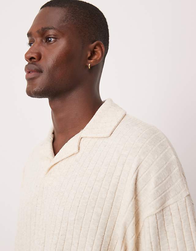 Asos ASOS DESIGN Oversized Boxy Linen Mix Rib Polo In Beige