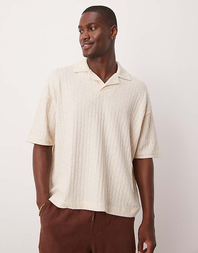 asos ASOS DESIGN oversized boxy linen mix rib polo in beige