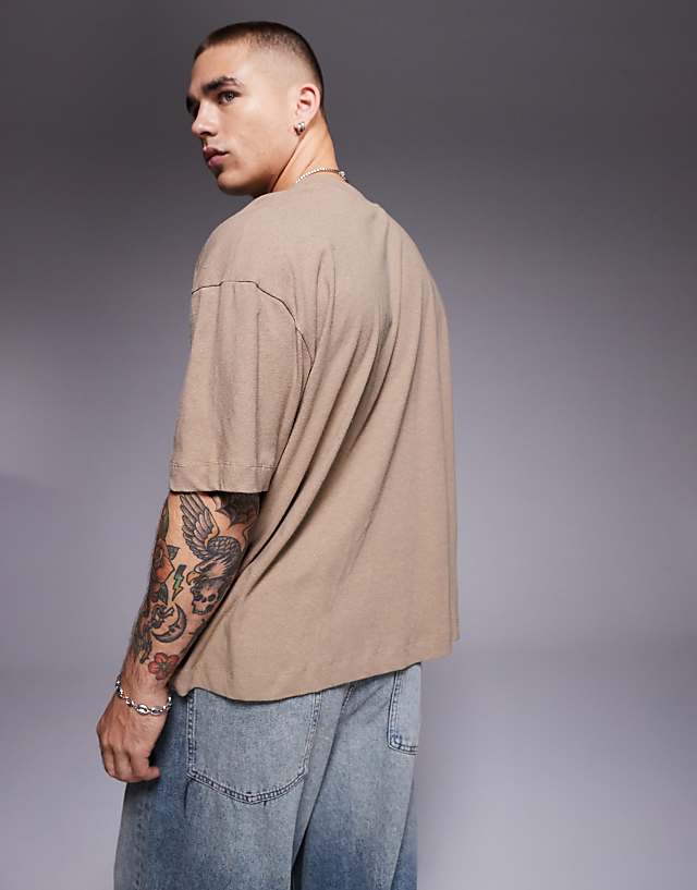 Asos ASOS DESIGN Oversized Boxy Linen Mix T-shirt In Stone