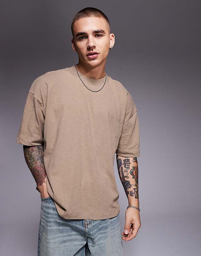asos ASOS DESIGN oversized boxy linen mix t-shirt in stone