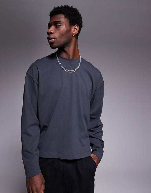 asos ASOS DESIGN oversized boxy long sleeve t-shirt with dropped armhole in charcoal
