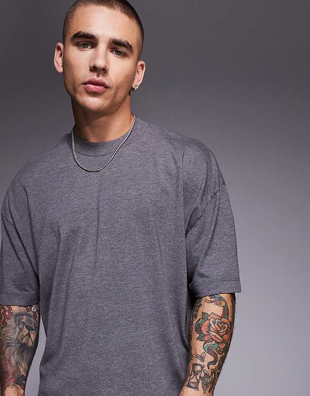 asos ASOS DESIGN oversized boxy overdyed marl t-shirt in charcoal