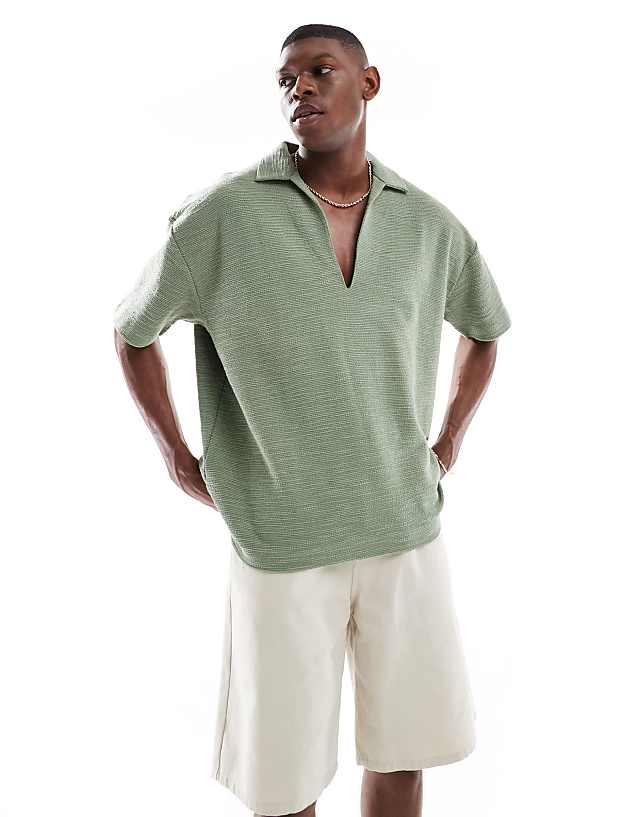 asos ASOS DESIGN oversized boxy polo in light green boucle