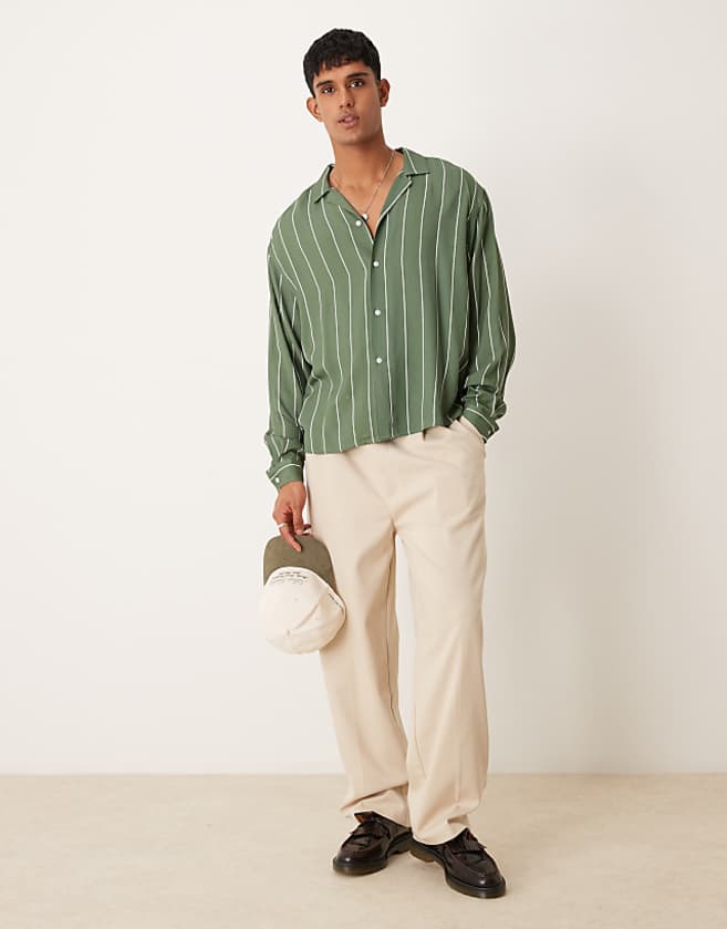 Asos ASOS DESIGN Oversized Boxy Revere Shirt In Green Stripe