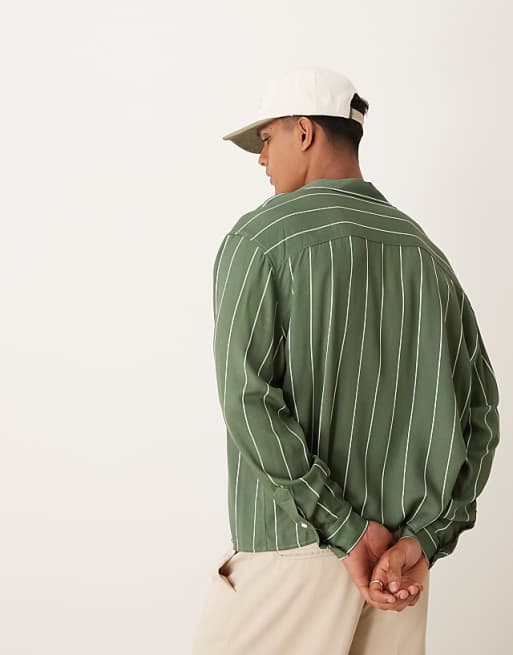 Asos ASOS DESIGN Oversized Boxy Revere Shirt In Green Stripe