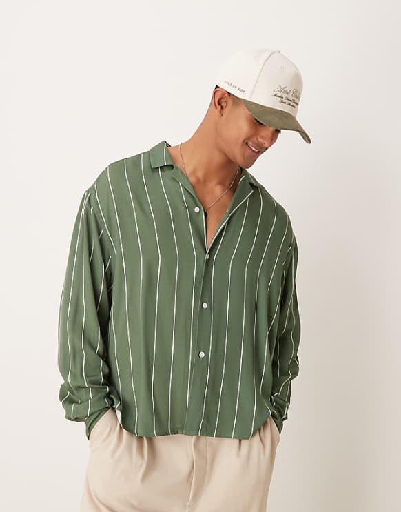 asos ASOS DESIGN oversized boxy revere shirt in green stripe