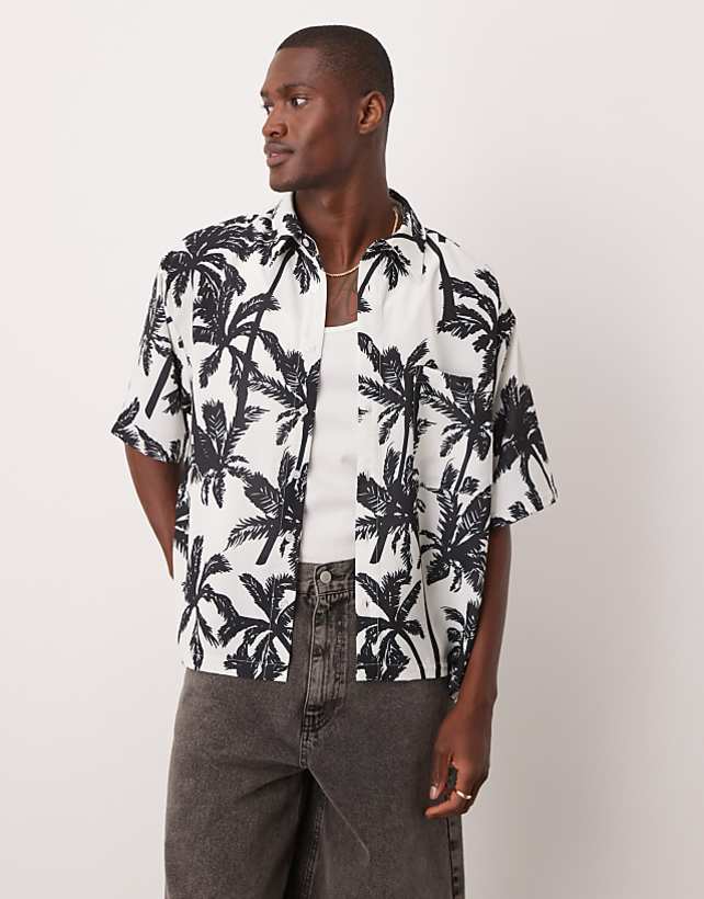 asos ASOS DESIGN oversized boxy shirt with palm print in mono