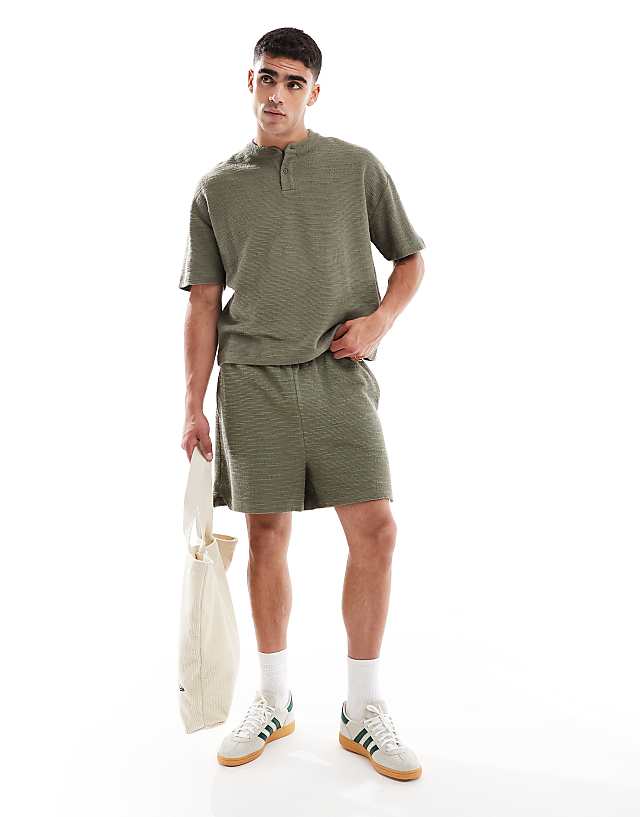 Asos ASOS DESIGN Oversized Boxy T-shirt Co-ord With Henley Neck In Khaki Boucle